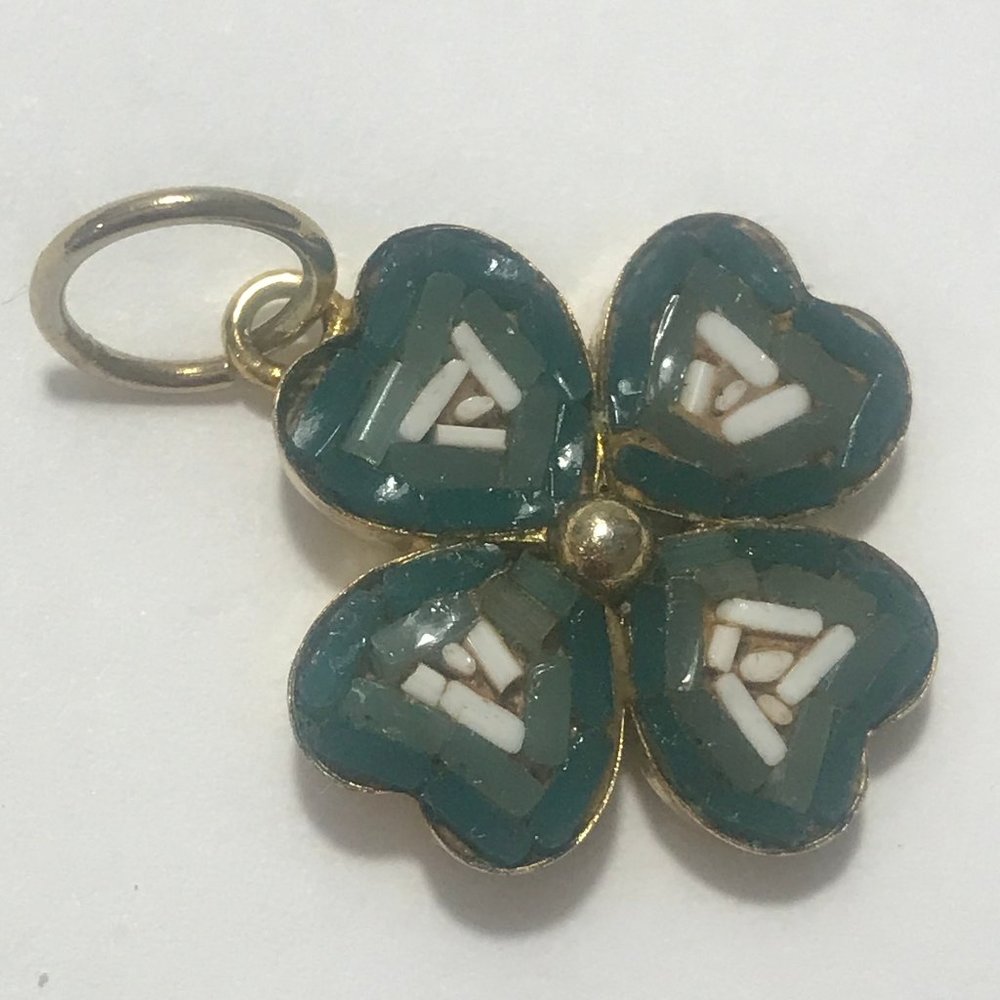 GOLD FILLED MICRO MOSAIC 4 LEAF CLOVER SIGNED "ITALY"